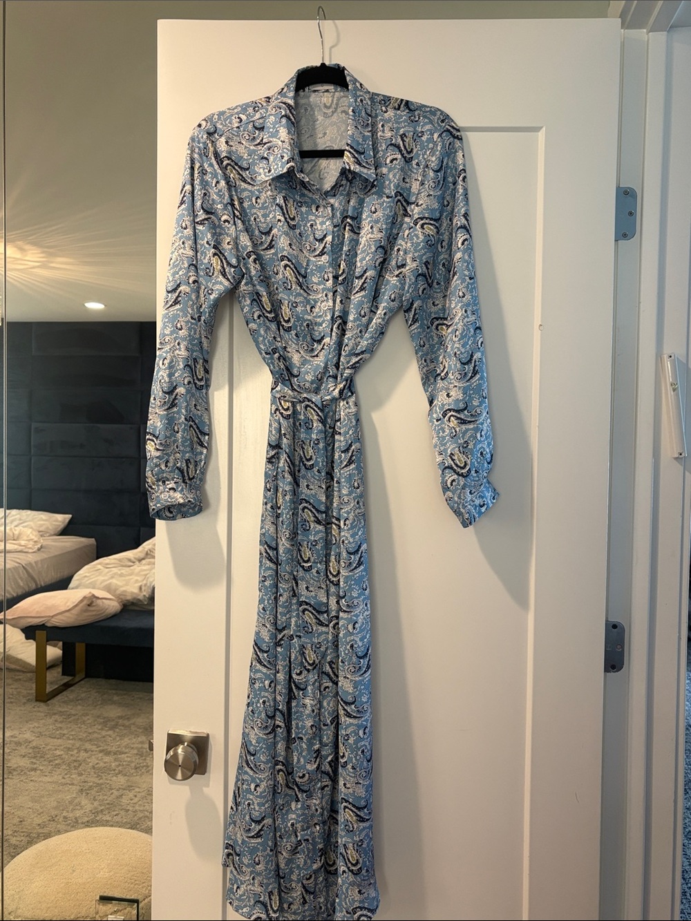 Blank Blue Paisley Maxi Shirt Dress with Tie Waist